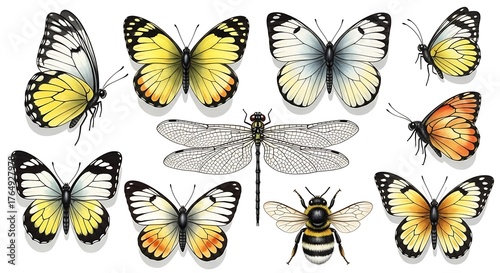 Educational biology drawing of different butterflies and two other insects, rendered in a realistic, detailed style