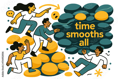 Time-Smoothing Pebbles. Pebble ? Riverbed Calm. Rounded pebbles overlap under clear rippling water; soft highlights shimmer across surfaces. Text ?time smooths