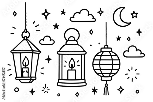Night Sky Lanterns. Lanterns. Hand-drawn doodle illustration lanterns hanging lantern, candle inside, handle, flame, paper lantern, stars, rope, clouds,