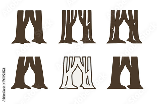 Forest Shortcut Logos. Forest shortcut. Set Logo of Forest shortcut: tree trunks forming opening. harmonious logo variations of the same emblematic concept,