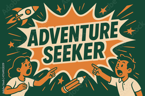 Dynamic Adventure Banner. Adventure Seeker banner, flat vector illustration, bold oversized text inside comic burst banner, cartoon characters shouting and