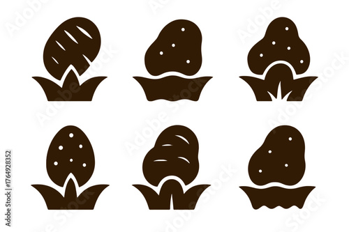 Geometric Tubers Logo. Tuber. Set Logo of Tubers on Soil: Abstract geometric, Filled silhouette, Negative space, Flat solid, Symmetrical form, Stylized detail.