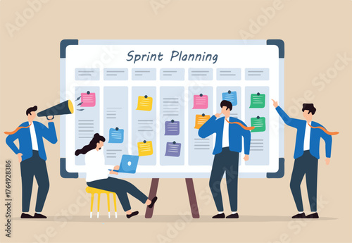 Vector illustration of team collaborating on whiteboard sprint planning with sticky notes iterative development