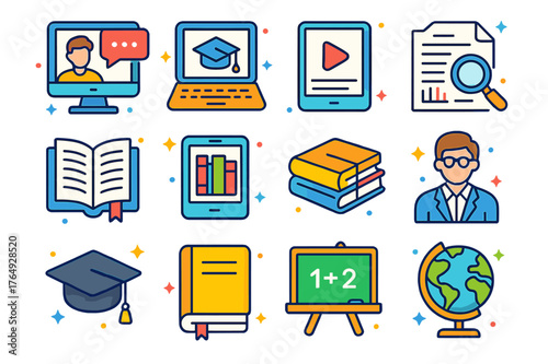 Knowledge Sharing Icons. Knowledge sharing. Colorful isometric vector icons set of knowledge sharing: online course, laptop, tablet, video lecture, textbook,