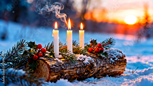 Close Up of Yule Log with Three Burning Candles, Low Winter Solstice Sun In Blurred Background 