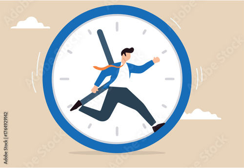 Businessman running and hurry in time clock in flat design