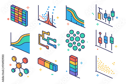 Colorful Biology Icons. Biology data charts. Colorful isometric vector icons set of Biology data charts: gene expression heatmap, volcano plot, Manhattan plot,