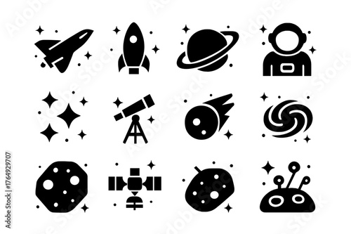 Intergalactic Icons Set. Intergalactic Travel. Solid icons set of Intergalactic Travel: spaceship, rocket, planet, astronaut, stars, telescope, satellite,