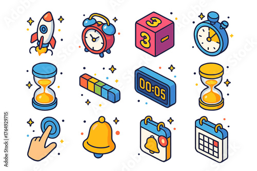 Colorful Launch Timer Icons. Launch timer. Colorful isometric vector icons set of launch timer: rocket launch, alarm clock, countdown numbers, stopwatch, sand