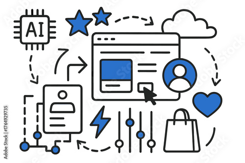 AI Doodle Elements. // AI recommendation engine. Hand-drawn doodle illustration AI recommendation engine [AI chip (accented), star icons (accented), product