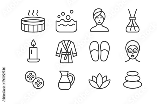 Spa Icon Set. Spa and Wellness. Line icon set of Spa and Wellness: jacuzzi, hot tub bubbles, towel wrap, aroma diffuser, candle, bathrobe, slippers, face mask,