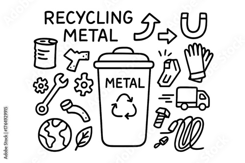 Metal Recycling Doodle. Recycling metal. Hand-drawn doodle illustration recycling metal recycling bin, can, scrap metal, wrench, gear, arrows, magnet, truck,