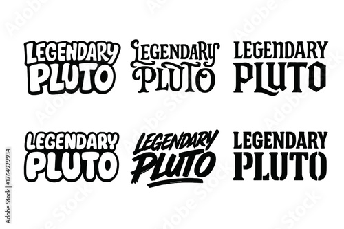 Legendary Pluto Typography. Legendary Pluto. Set lettering. harmonious lettering variations of the same emblematic concept (Funky cartoon-style lettering,