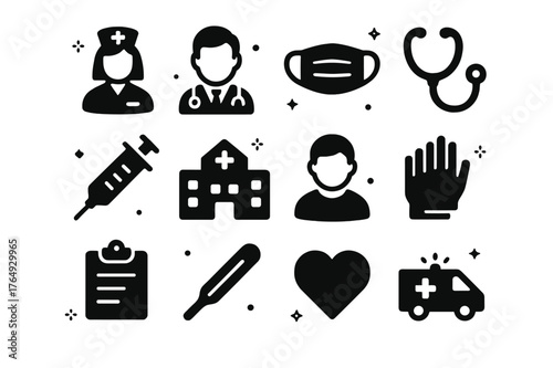 Frontline Healthcare Icons. Frontline Healthcare. Solid icons set of Frontline Healthcare: nurse, doctor, medical mask, stethoscope, syringe, hospital,