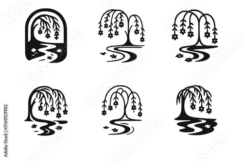 Blooming Stream Logos. Stream with blooming flowers. Set Logo of Stream with blooming flowers: Willow-shaded stream with hanging blossom reflections.