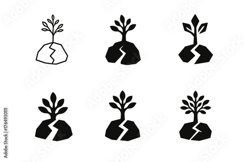 Resilient Tree Logos. Resilience. Set Logo of Resilience: Tree growing through cracks in rock. harmonious logo variations of the same emblematic concept, each
