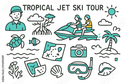 Tropical Adventure Icons. // Tropical jet ski tour. Hand-drawn doodle illustration Tropical jet ski tour [tour guide icon (accented), jet ski pair (accented),