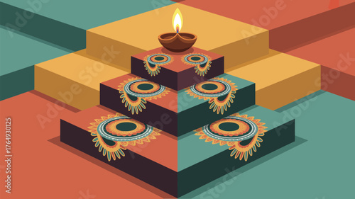 Diwali lamp on decorated steps with colorful geometric background in isometric perspective style art