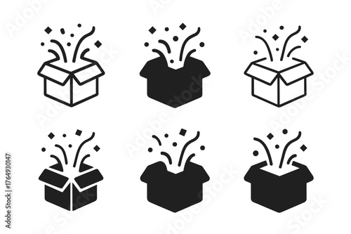 New Arrivals Logos. New arrivals display. Set Logo of New arrivals display: open box releasing confetti burst. Icon set. harmonious logo variations of the same