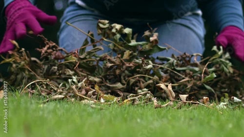 Hand picking up pile of twigs and leaves in autumn