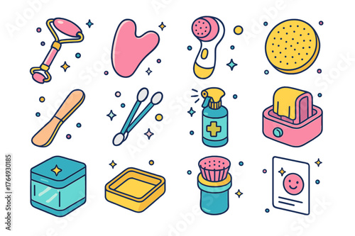 Colorful Skincare Tools Icons. Clean skincare tools. Colorful isometric vector icons set of Clean skincare tools: facial roller, gua sha stone, cleansing