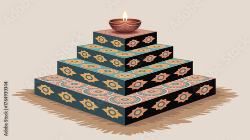 A decorative pyramid of patterned blocks with a lit candle on top against a neutral background