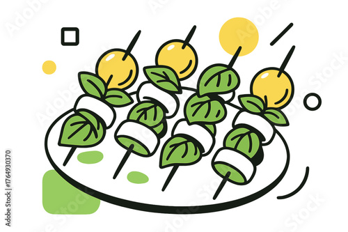 Caprese Skewers Art. Caprese Skewers. Caprese skewers on a serving plate with floating abstract geometric shapes and soft light accents, fresh and delicious