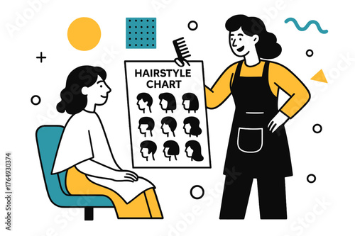Stylish Hairstyle Chart. Hairstyle Chart for Clients. Salon stylist showing a chart of various hairstyles with floating abstract icons and geometric shapes,