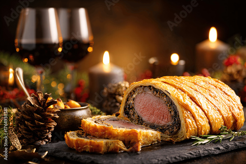 Golden French beef Wellington with mushrooms for elegant Christmas dinner