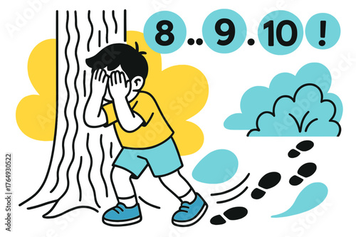 Hide and Seek. Counting at the Tree. Hands cover eyes against a bark pattern while numbers ???!? hover in bold circles. Footprints peel away toward bushes with