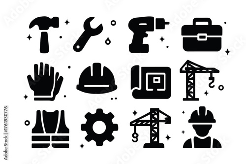 Labor Tools Icons. Labor Tools. Solid icons set of Labor Tools: hammer, wrench, drill, toolbox, gloves, hard hat, helmet, blueprint, crane, safety vest, gear,