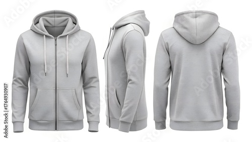 heather grey zip up hoodie front back and side view on white background for casual fashion mockup