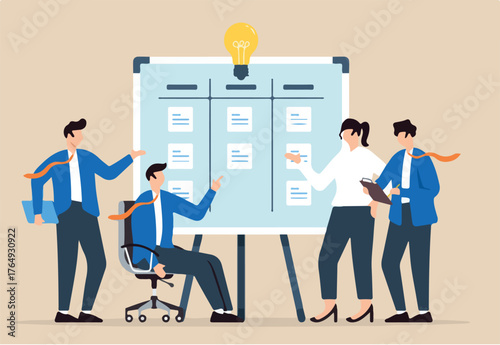 Vector illustration of team members categorizing ideas on whiteboard with sticky notes brainstorming session