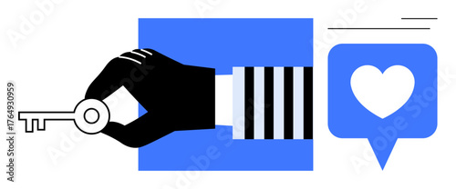 Black hand holding a key near a blue heart-pinned notification pop-up. Ideal for security, love, access, social media, relationships, motivation, minimalism concepts. Simple flat metaphor