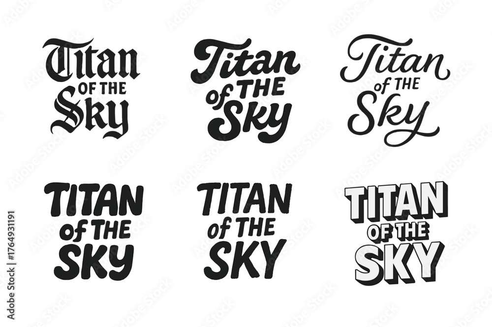 Fototapeta premium Sky Titan Lettering Grid. Titan of the Sky. Set lettering. harmonious lettering variations of the same emblematic concept (Gothic-inspired decorative type,