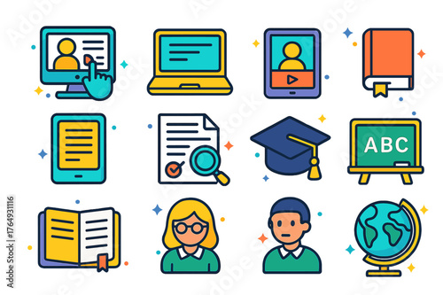 Accessible Education Icons. Accessible education. Colorful isometric vector icons set of accessible education: online course, laptop, tablet, video lecture,