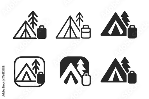 Wilderness Skills Logos. Survival and wilderness skills tourism. Set Logo of Survival and wilderness skills tourism: Leave-no-trace campsite setup (tidy tent,