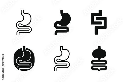 Digestive System Logos. Food digestion in the body. Set Logo of digestive system: stylized stomach and intestines. Icon set. harmonious logo variations of the