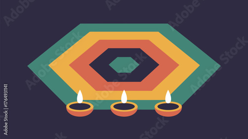 Three lit diyas below a geometric pattern with teal orange yellow and dark blue colors design