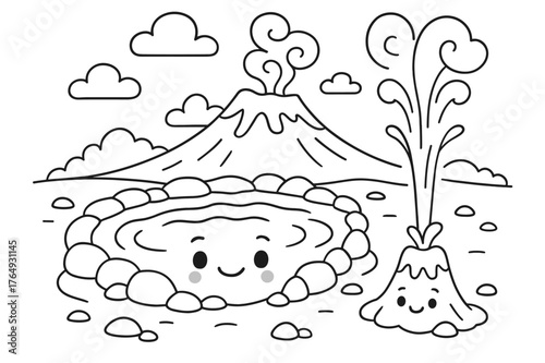 Geysers and Volcano Fun. Hot springs and geysers children?s coloring book illustration, outlined drawing, a smiling hot spring pool and a tiny geyser beside a