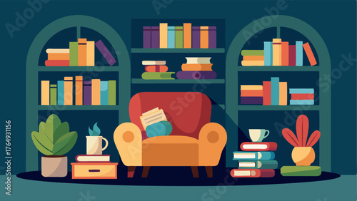 A cozy reading nook with plush chairs and bookshelves filled with academic texts invites students to take a break from their studies.