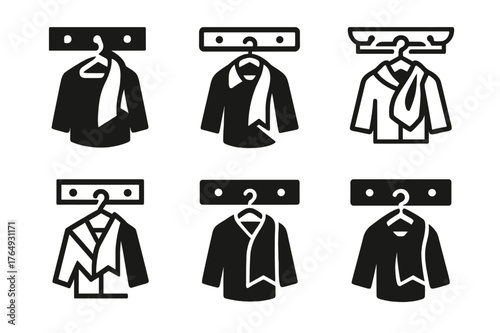 Coat Logo Variations. Hanging up a coat. Set Logo of Hanging up a coat: wooden peg rail with scarf and coat. harmonious logo variations of the same emblematic