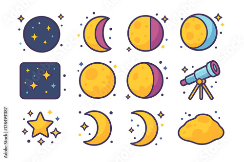 Colorful Lunar Phases. Lunar cycle. Colorful isometric vector icons set of lunar cycle: new moon, waxing crescent, first quarter, waxing gibbous, full moon,