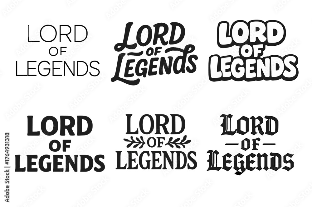 Obraz premium Legendary Lettering Styles. Lord of Legends. Set lettering. harmonious lettering variations of the same emblematic concept (Modern minimal monoline lettering,
