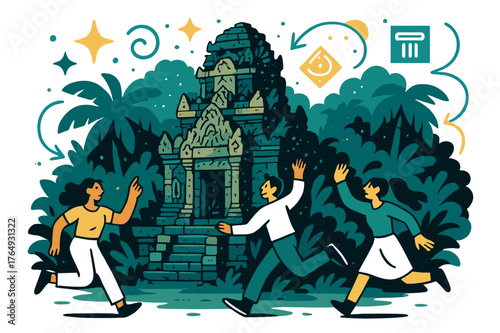 Mysterious Jungle Temples. Ancient temples. Stone temple with intricate carvings surrounded by lush jungle; abstract floating sparkles and icons convey