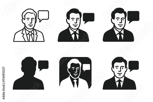 Creative Logo Variations. Brand storytelling. Set Logo of Brand storytelling: Founder portrait with speech ribbon. harmonious logo variations of the same