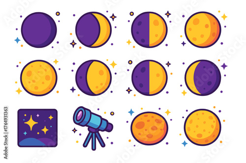 Celestial Icons Collection. Celestial phases. Colorful isometric vector icons set of celestial phases: new moon, waxing crescent, first quarter, waxing