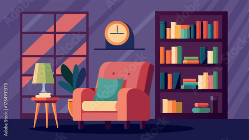 A cozy reading corner with a velvet armchair and floortoceiling bookshelves