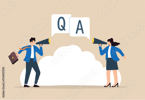 Flat illustration businessman and businesswoman shout on megaphone Q A question session speech bubble symbolizing problem solving