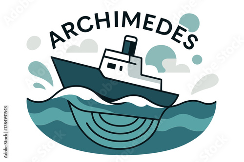 Ship Geometry at Sea. Boat Displacement at Sea. A ship hull cuts through stylized waves; volume lines beneath show buoyant displacement. Floating ?Archimedes?